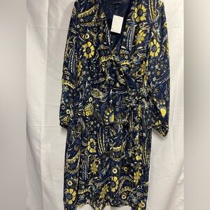 Lands' End Navy and Yellow Floral Long Sleeve Dress